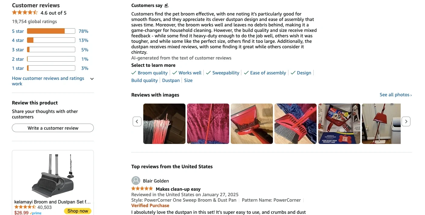 Amazon Product Reviews - Customers Share Feedback A detailed Amazon product page showing customer reviews, ratings, and images to highlight social proof.