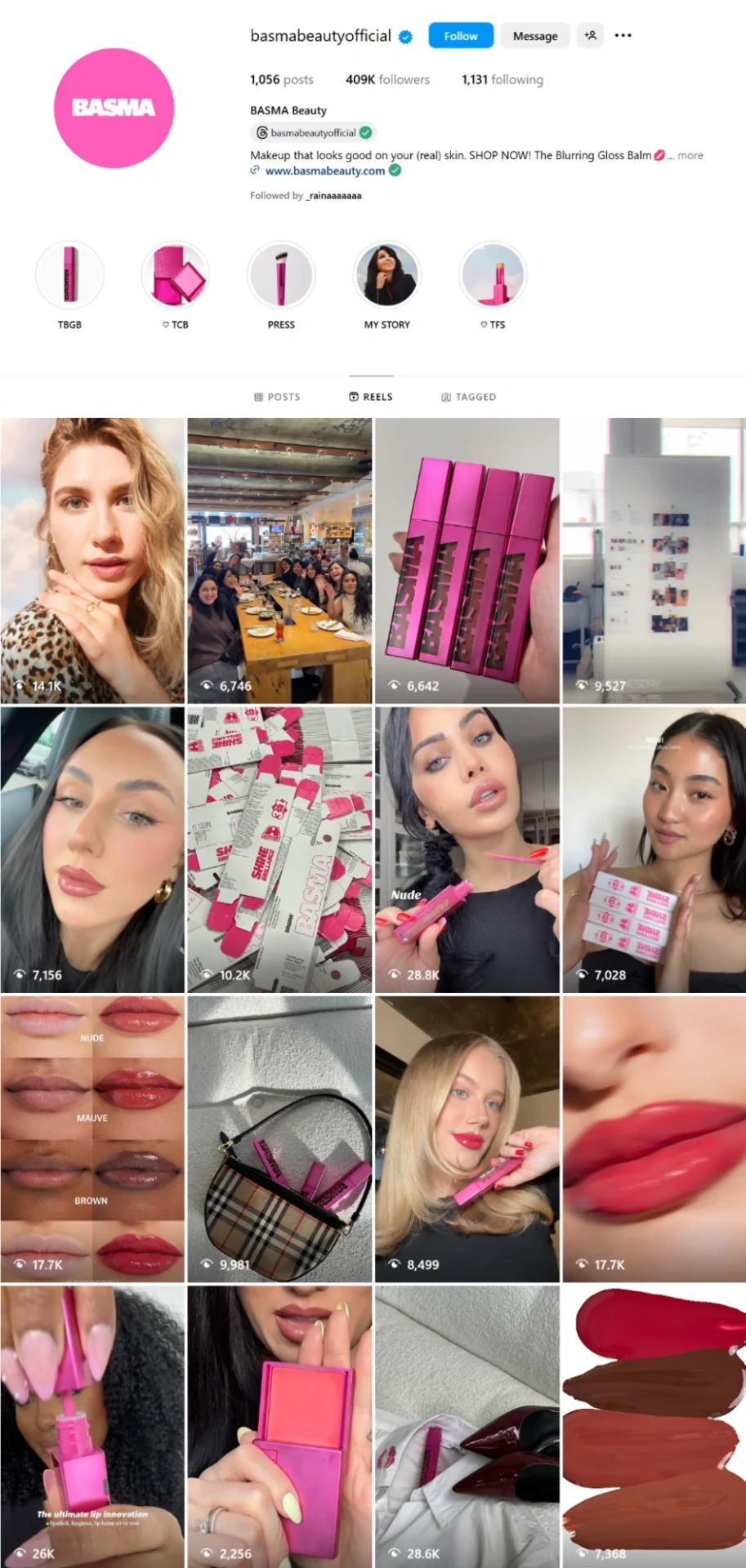 Basma Beauty's Instagram feed featuring their premium beauty products like lip balms and skincare solutions. The image showcases the brand's signature pink aesthetic and product packaging, emphasizing their commitment to makeup that looks good on real skin