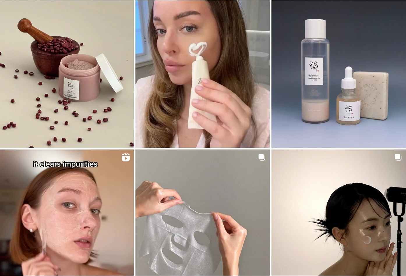 Intagram feed of Beauty of Joseon displaying Skincare items including a clay mask and facial serum surrounded by natural ingredients like beans, showcasing the purity and natural essence of the products