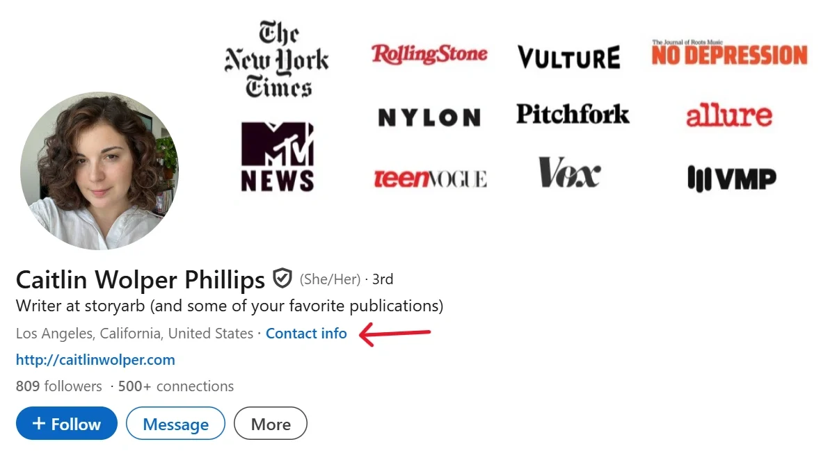 LinkedIn profile of Caitlin Wolper showing her geographic location and website link to target the local potential clients