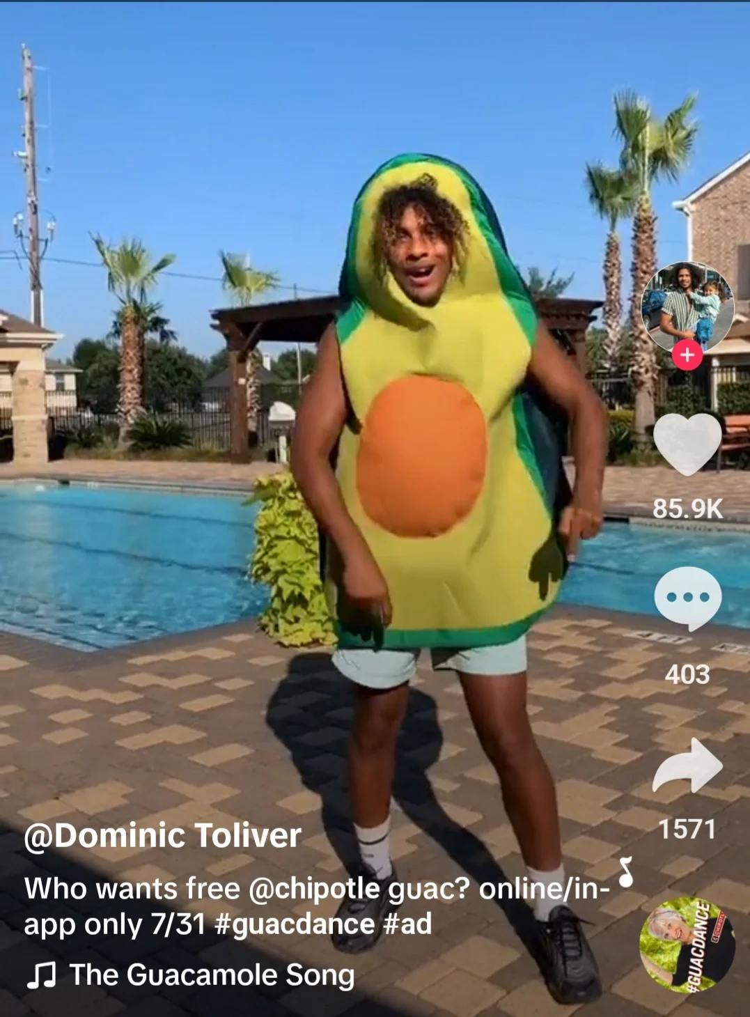 A man wearing an avocado costume dancing by a poolside to the Guacamole Song, promoting Chipotle's Guac Dance Challenge