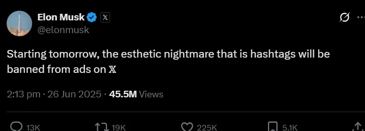 Elon Musk announces ban on hashtags in advertisements