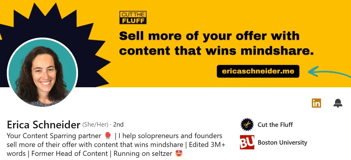 Erica Schneider's LinkedIn profile featuring a bright yellow banner and a perfect LinkedIn bio aimed at solopreneurs and founders.