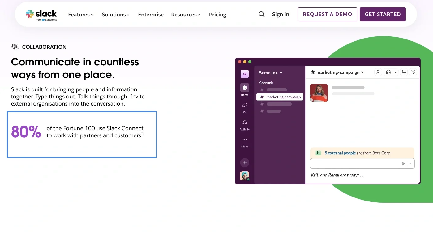 Fortune 100 companies using Slack Slack's interface showcasing team collaboration and its integration with external partners, with a focus on Fortune 100 usage
