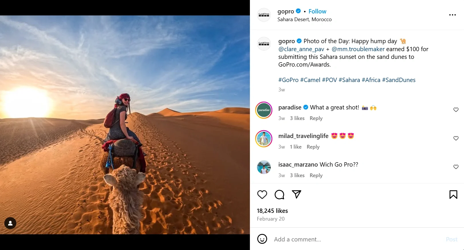 A stunning photo of a rider on a camel in the Sahara Desert at sunset, captured by a GoPro for the Photo of the Day contest