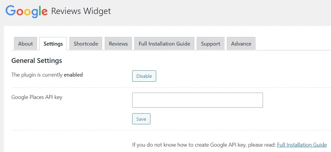 Settings tab of Google Reviews Widget plugin in WordPress showing API key input field and general plugin status