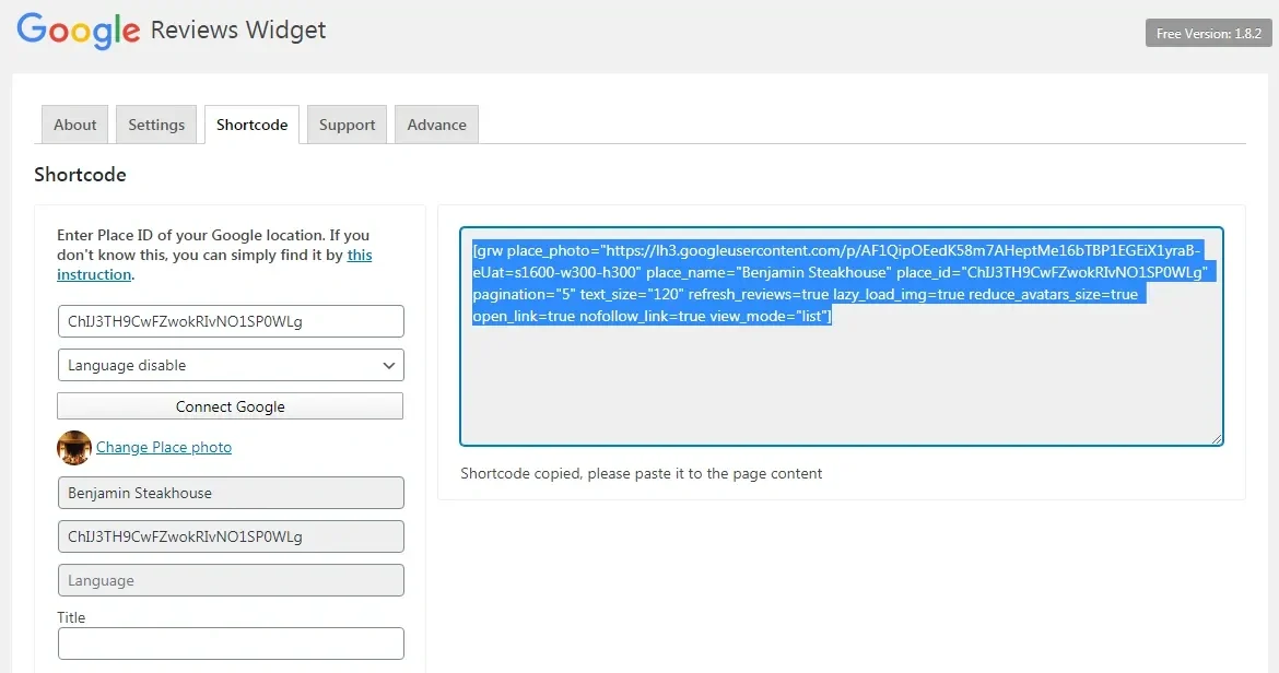 Shortcode generation panel of Google Reviews Widget plugin showing place ID, photo, and customization options for embedding reviews