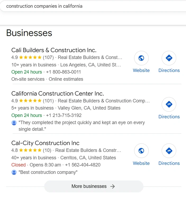 Google reviews in Google 3 pack search result