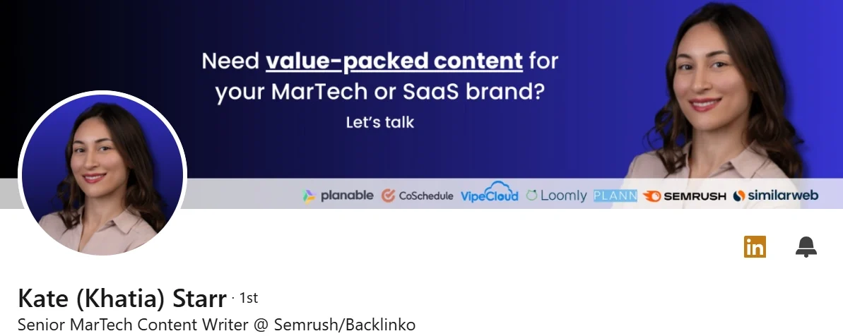 Kate Starr’s Blue Banner sticking to the professional vibe and straight on talking about the services