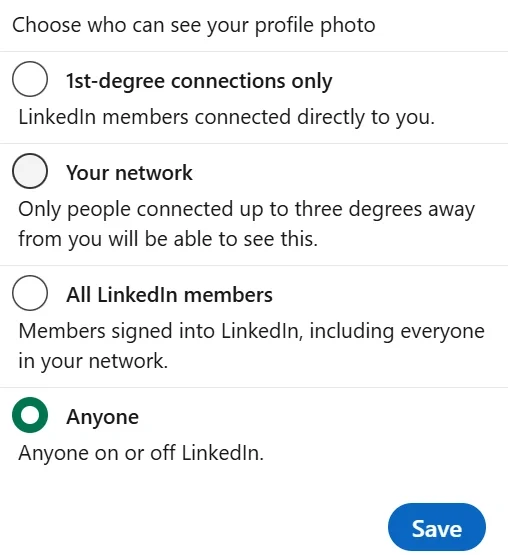 creenshot showing LinkedIn profile photo visibility settings with options like first-degree connections, network, all members, and public access for anyone.