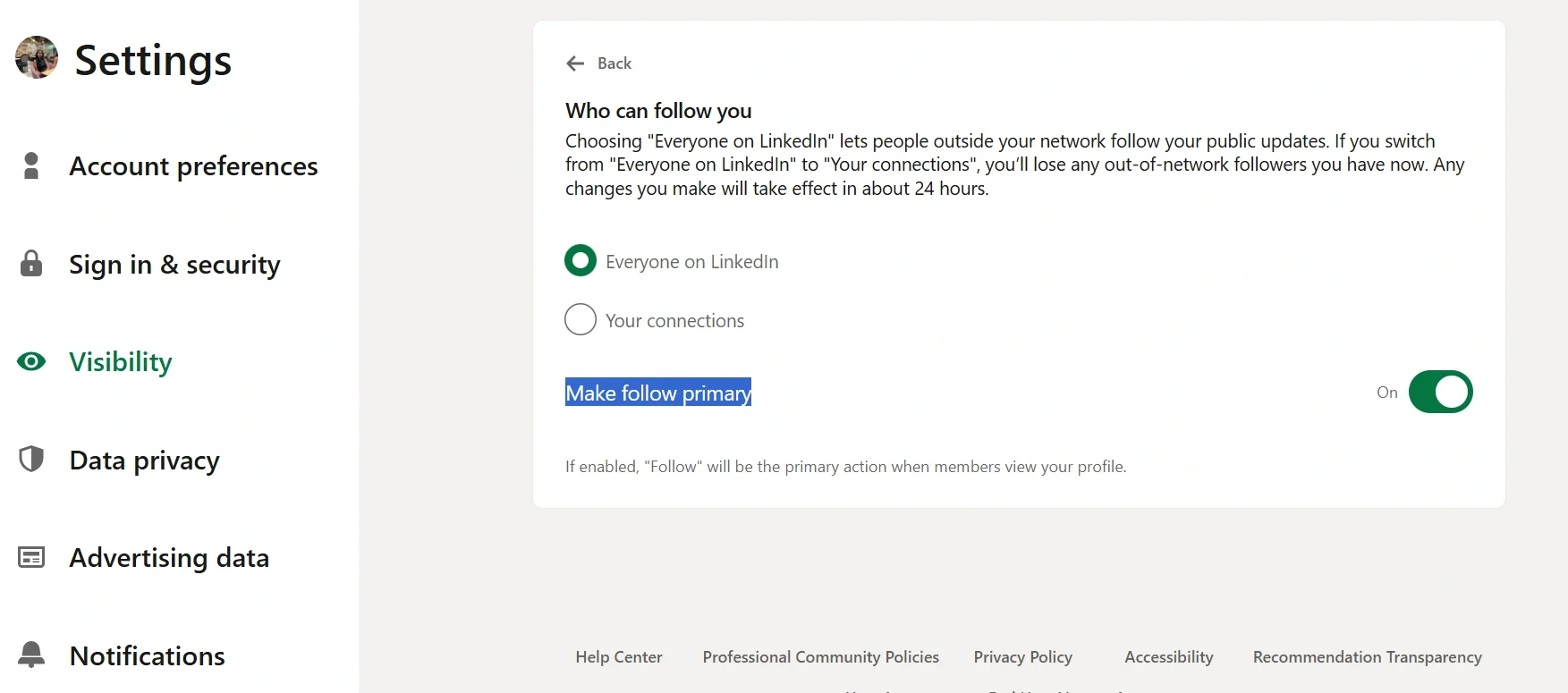 LinkedIn visibility settings panel showing the option to make 'Follow' the primary action for profile visitors instead of 'Connect.’