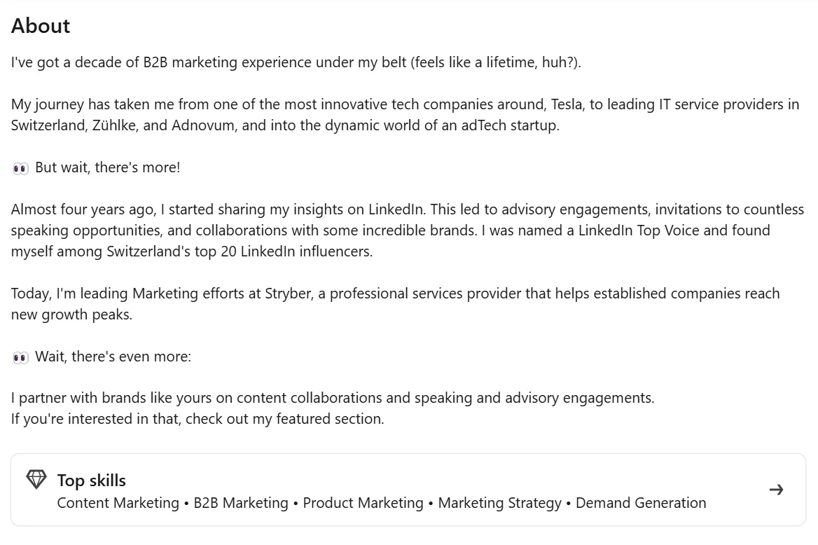 Linkedin about section information example
