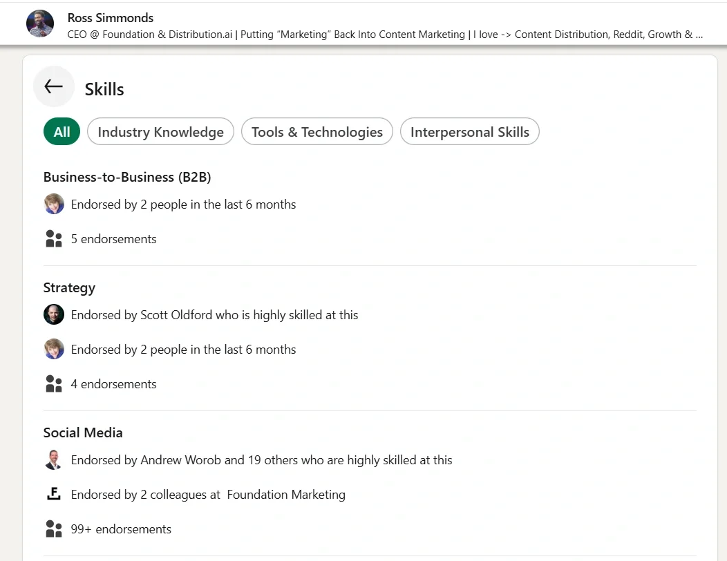 Skills section of Ross Simmonds' LinkedIn profile highlighting endorsements for social media, strategy, and B2B marketing.