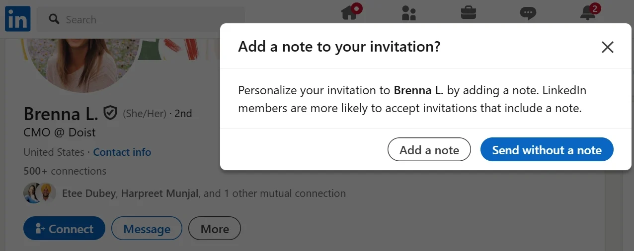LinkedIn pop-up suggesting users personalize their connection request by adding a note to improve acceptance rates