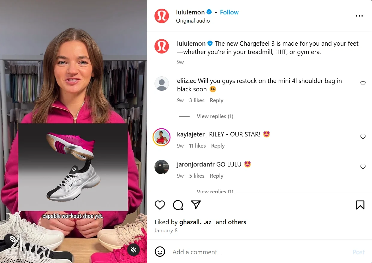 Lululemon Instagram post showcasing the Chargefeel 3 workout shoe. The caption emphasizes the shoe's comfort and performance, making it a must-have for active individuals.