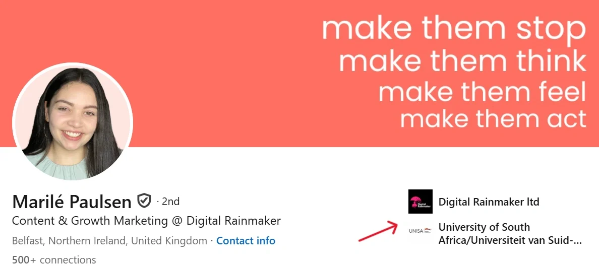 Marilé Paulsen's LinkedIn profile with a bold pink banner emphasizing her role at Digital Rainmaker.