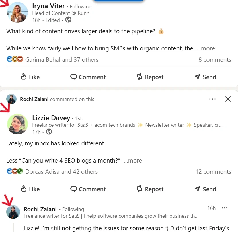 Screenshot of two high-performing LinkedIn posts by Iryna Viter and Lizzie Davey with their profile pictures clearly visible