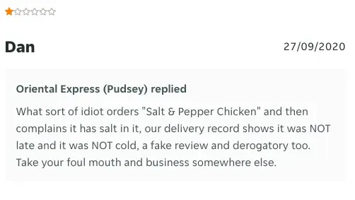 Offensive reply to negative review