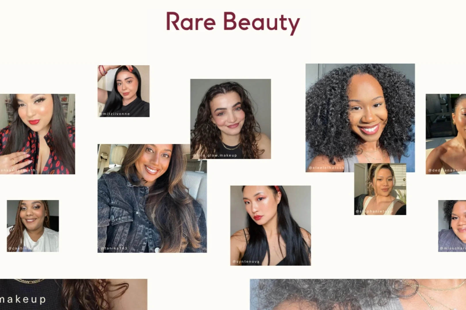 Rare Beauty's User-Generated Content Showcase A collage of user-generated content featuring customers using Rare Beauty products, highlighting the brand’s social proof through real customer photos.
