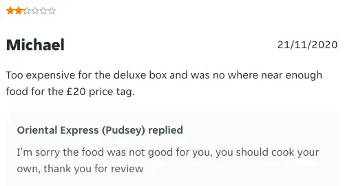 Replying to a negative review arrogantly