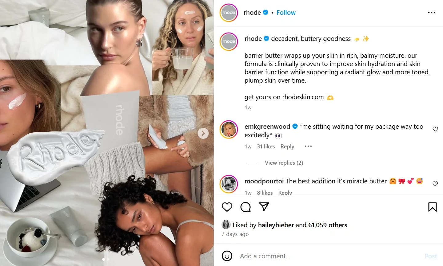 Model applying Rhode Barrier Butter to her face, showing smooth, hydrated skin. The image features Rhode's skincare products, including a plush sweater and a cup, highlighting the brand's focus on skin barrier hydration and glowing, plump skin