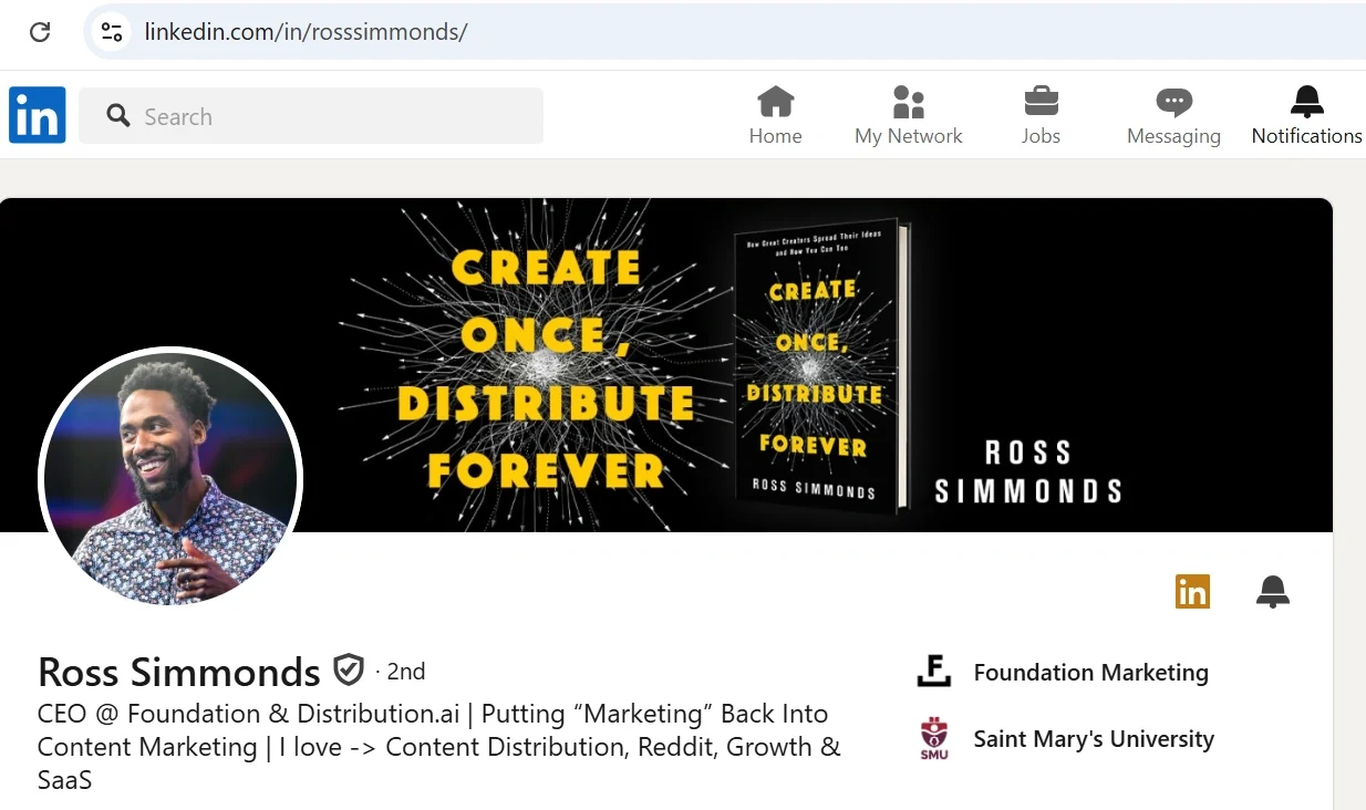 Ross Simmonds' LinkedIn profile with a clear focus on his URL