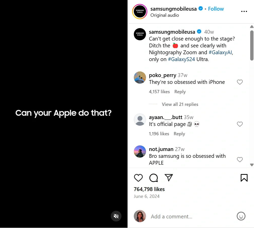 Samsung Galaxy S24 Ultra ad showcasing its Nightography Zoom feature with the tagline 'Can your Apple do that?
