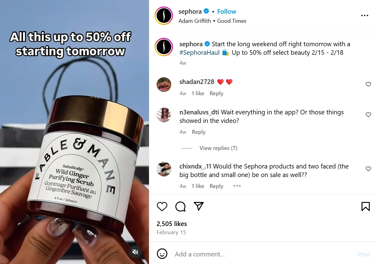 Sephora promoting a beauty sale with up to 50% off on select products, highlighted by a wild ginger purifying scrub 