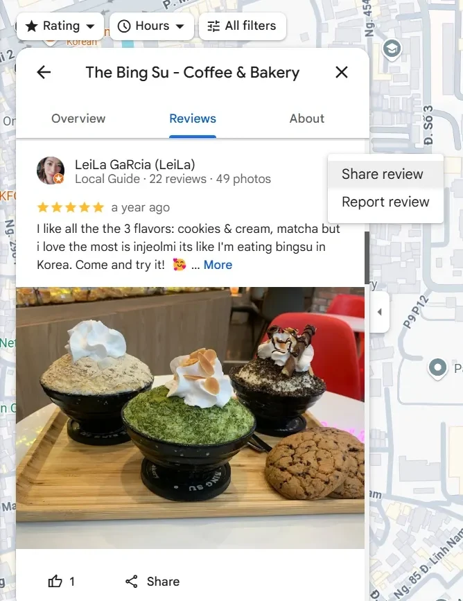 Google Maps interface showing review of The Bing Su café with the share review option highlighted for manual embedding