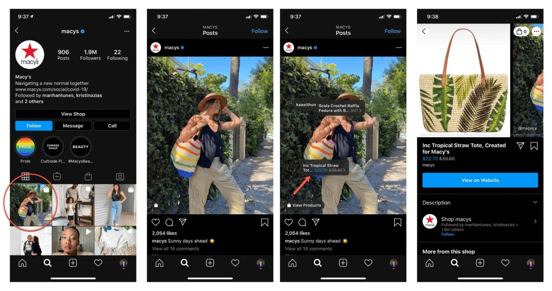 Macy’s Instagram post featuring an influencer showcasing a tropical straw tote, with product details and the 'Shop' option for seamless e-commerce shopping.