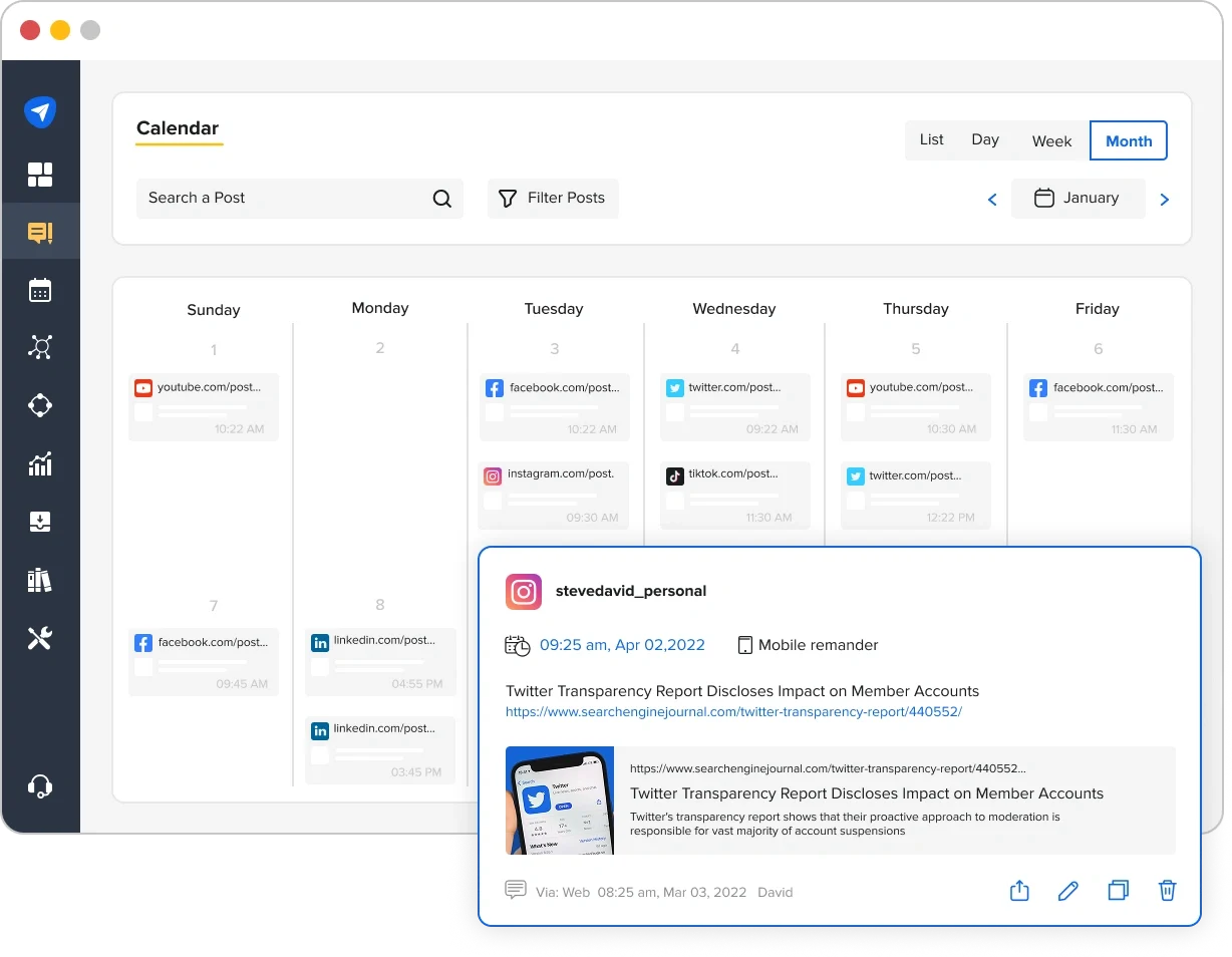 SocialPilot intuitive content calendar for social media planning