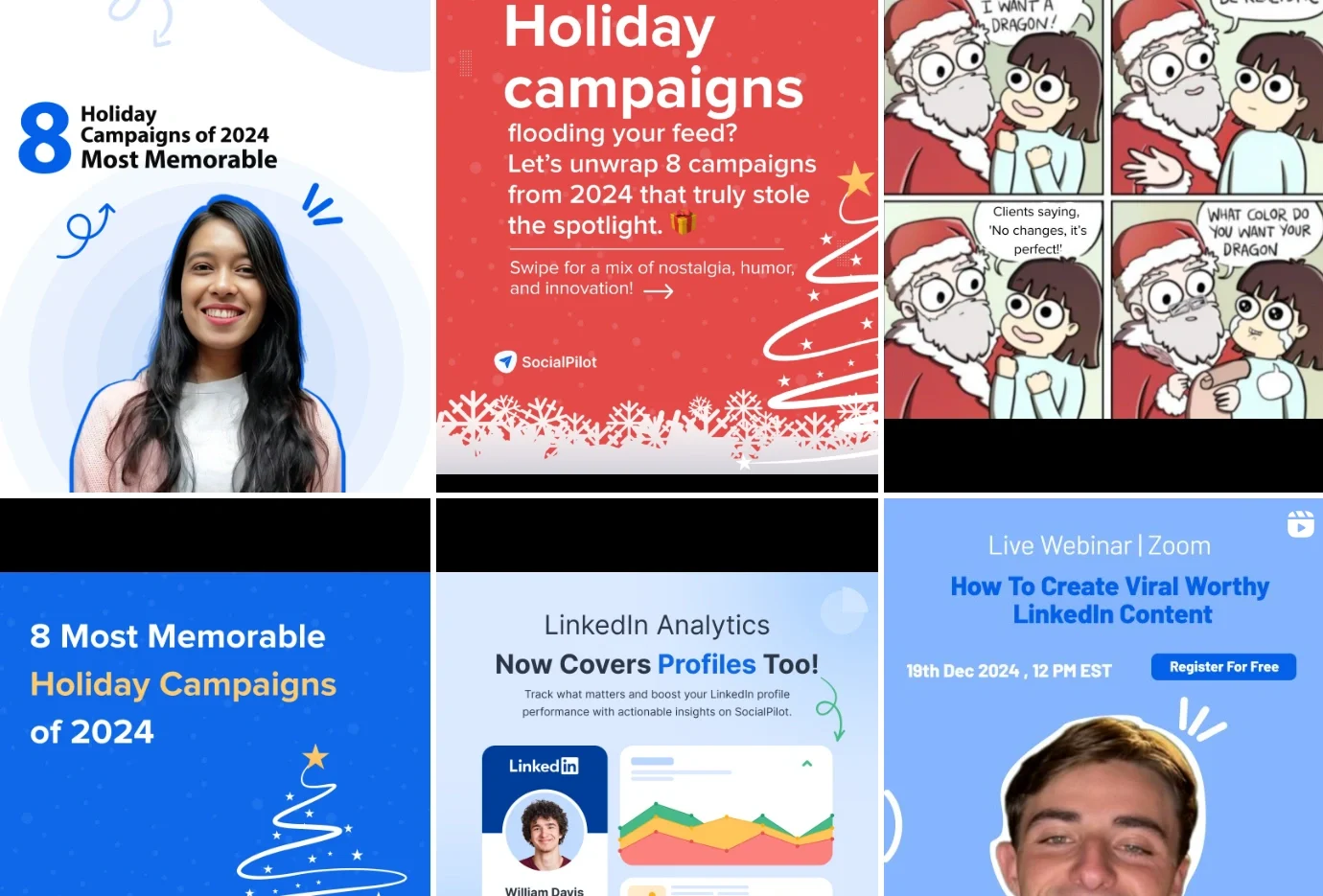 A snapshot of SocialPilot’s Instagram Feed displaying creative holiday campaigns, including SocialPilot’s 2024 holiday campaign insights, LinkedIn analytics, and webinar promotions designed for marketing professionals.