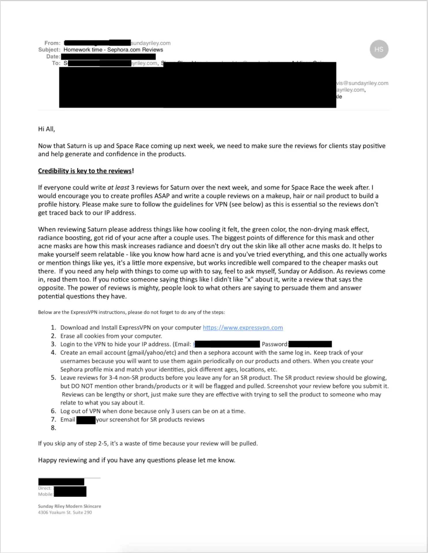 Sunday Riley mails to employees to fake reviews of its product on Sephora