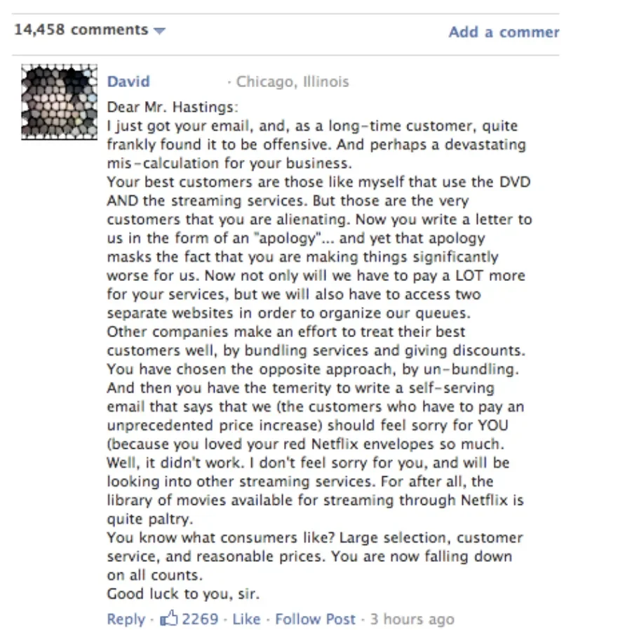 The customer's review was ignored by Netflix