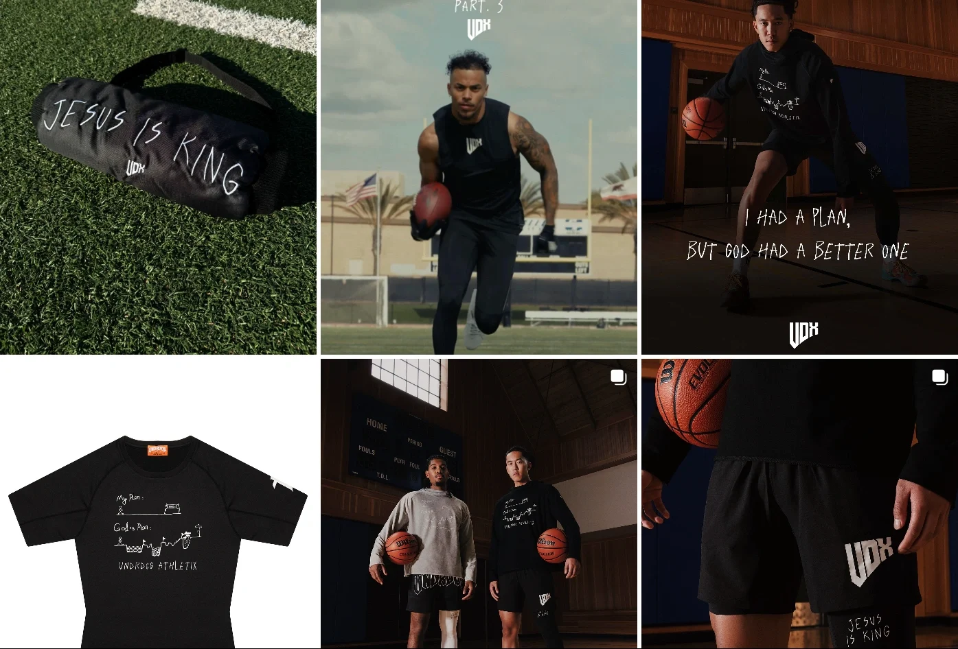 Underdog Athletix’s Instagram deed view featuring motivational designs, worn by models in action poses on the basketball court and field