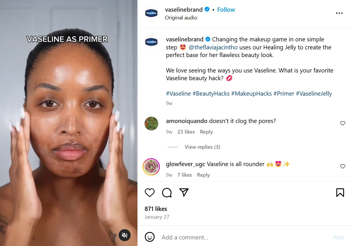 A woman applying Vaseline Healing Jelly as a primer for makeup, demonstrating a beauty hack for flawless skin