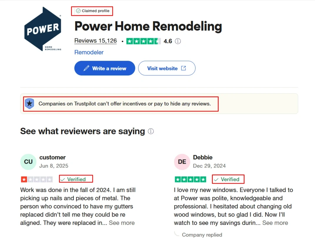 Verified reviews in trustpilot business profile