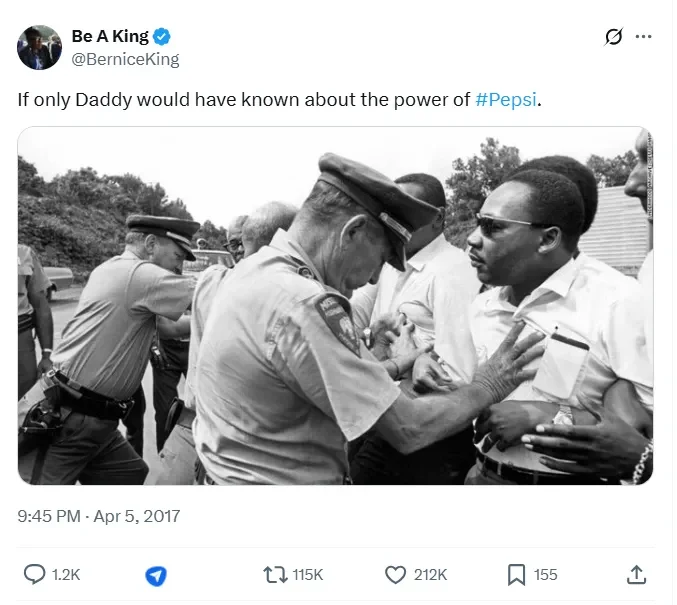 bernice king post on pepsi offensive ad