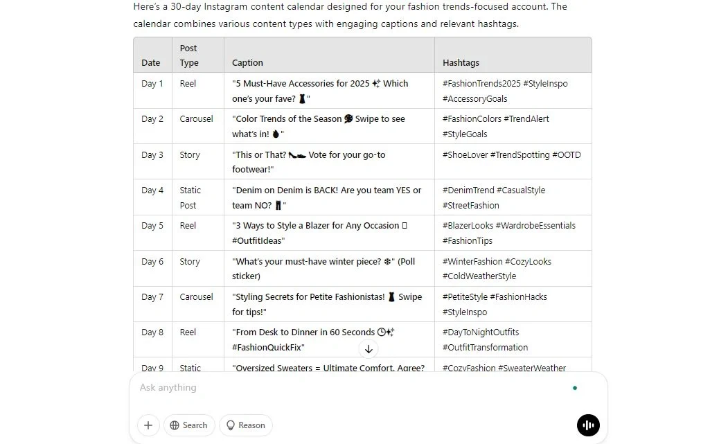 A structured 30-day Instagram content calendar featuring engaging fashion-related captions, post types, and relevant hashtags for fashion accounts.