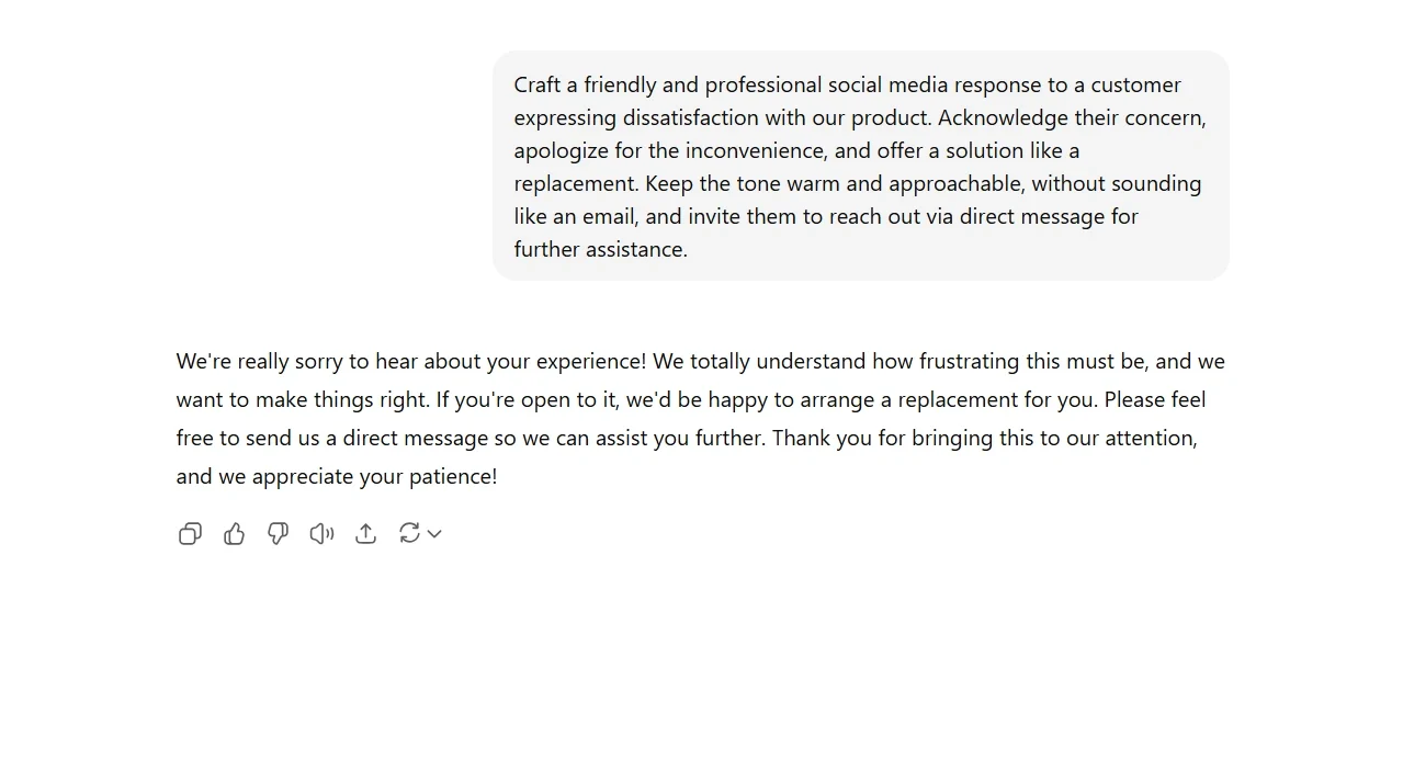 Professional email template offering a resolution to a customer complaint with an apology and replacement offer.