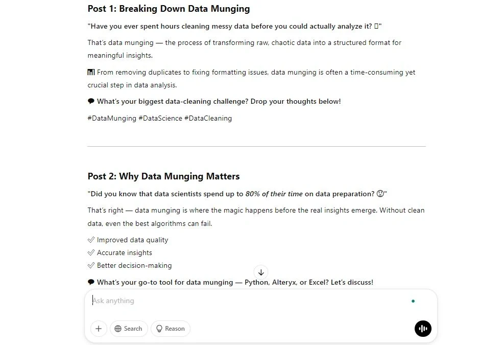 Two social media posts discussing data munging, its importance in data analysis, and challenges in cleaning data generated by CHatGPT from a blog link