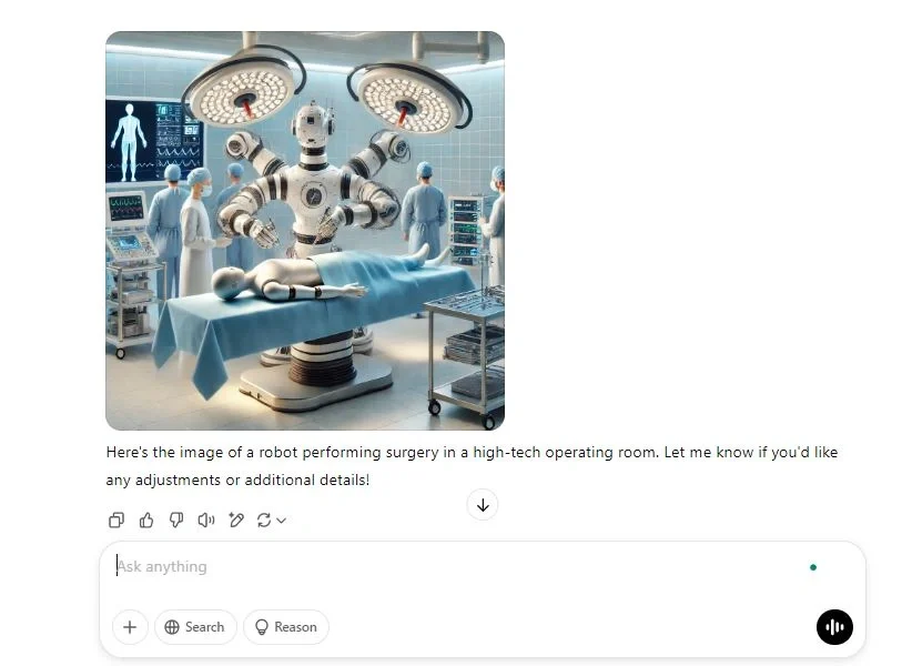 ChatGPT-generated Image showing a robot performing surgery in a high-tech operating room with medical staff in the background.