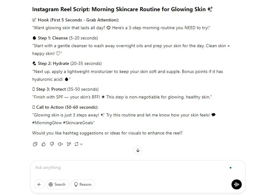 Step-by-step Instagram reel script for a morning skincare routine with product recommendations and call-to-action for glowing skin generated inside CHatGPT