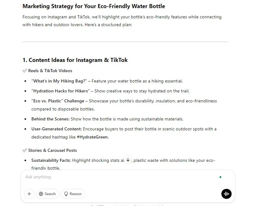 Marketing strategy for promoting eco-friendly water bottles on Instagram and TikTok with content ideas for reels, stories, and user-generated content.
