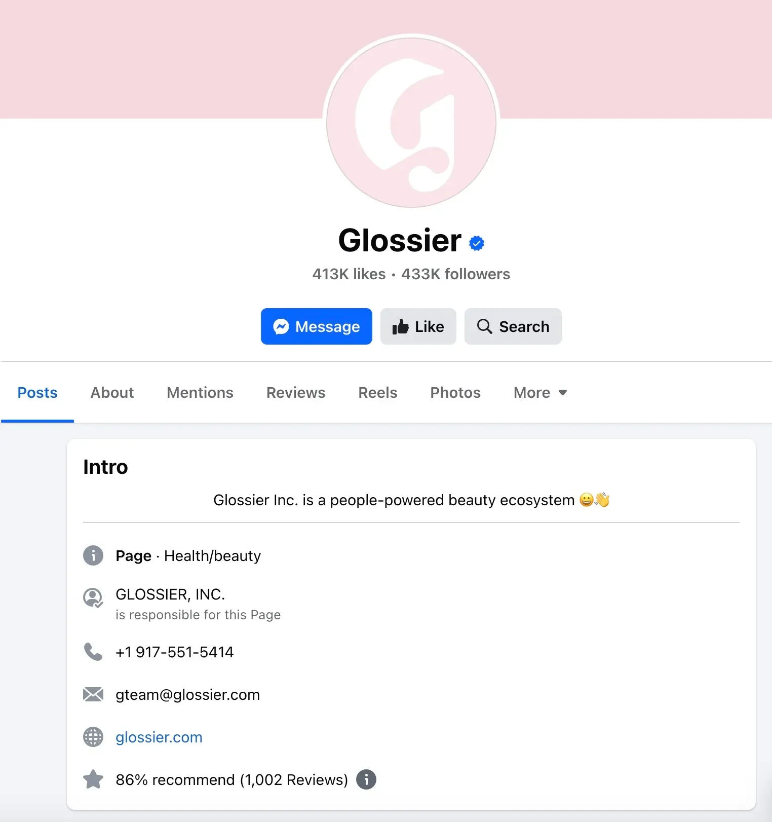 Screenshot of the Glossier Inc. Facebook page