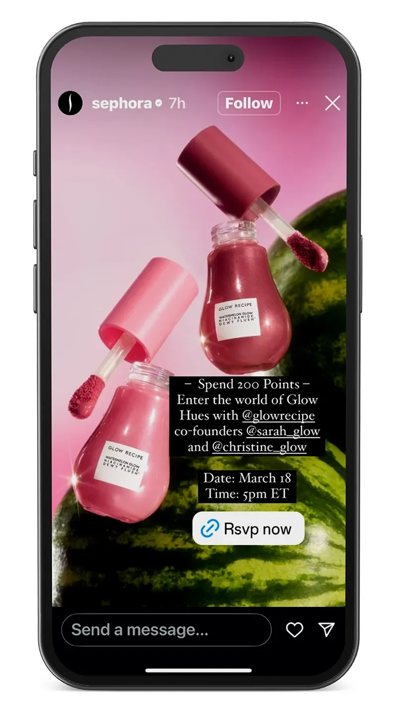 Instagram sotry screenshot of a Sephora Glow Recipe event