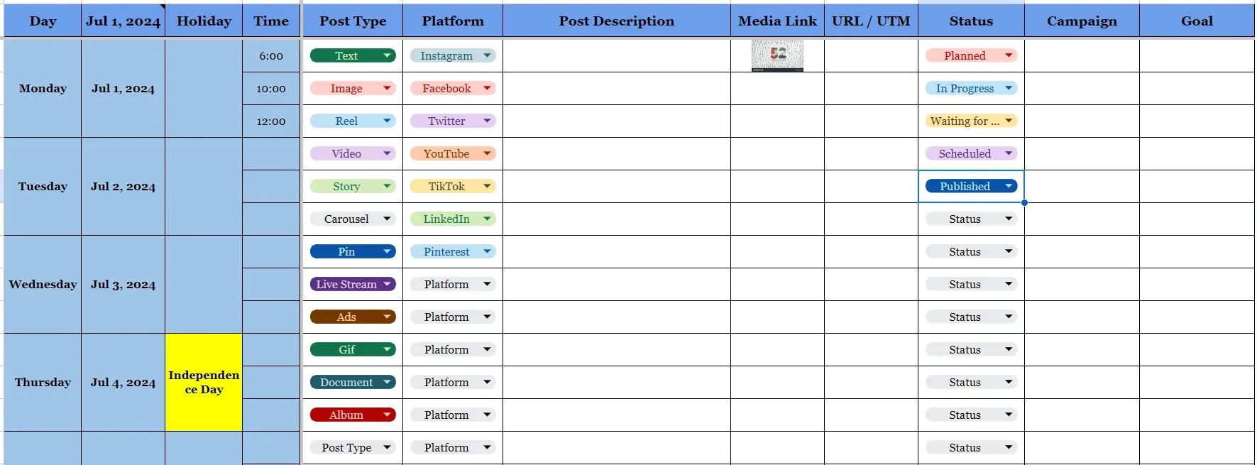 screenshot of a social media calendar template in a Google Sheet