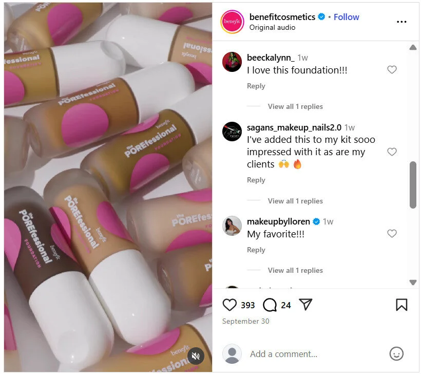 Comments on an Instagram post by Benefit Cosmetics