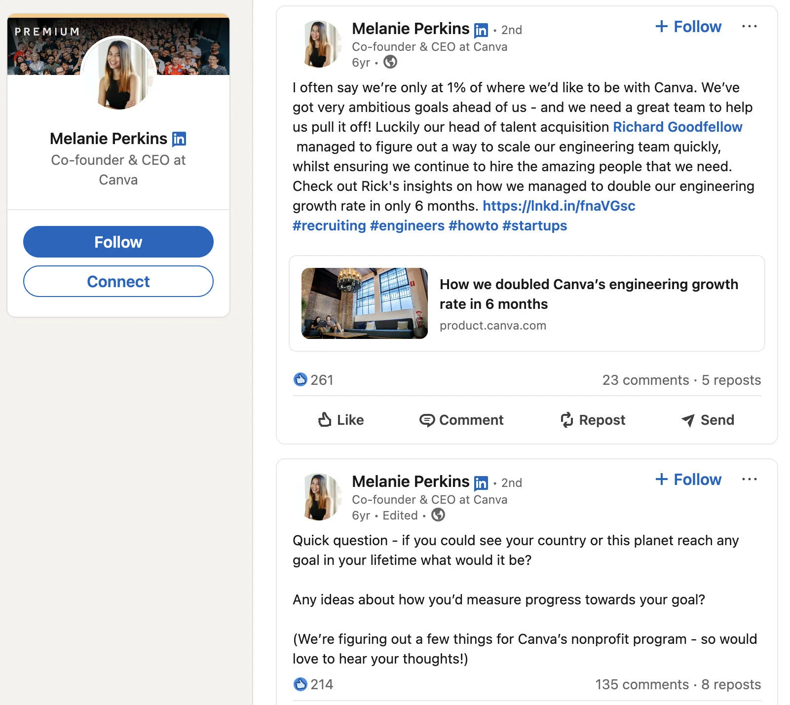 Image of Melanie Perkins’ LinkedIn profile from her early days as Canva’s co-founder