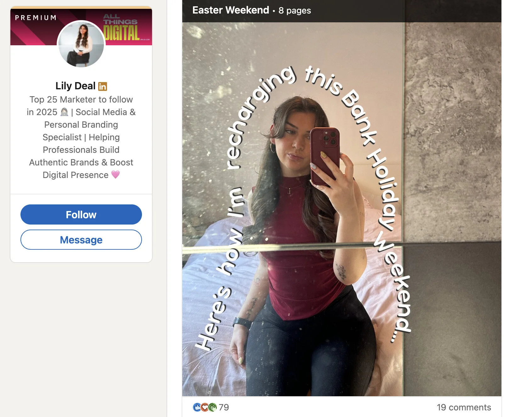 Lily deal posts real updates on her LinkedIn profile that are authentic yet valuable